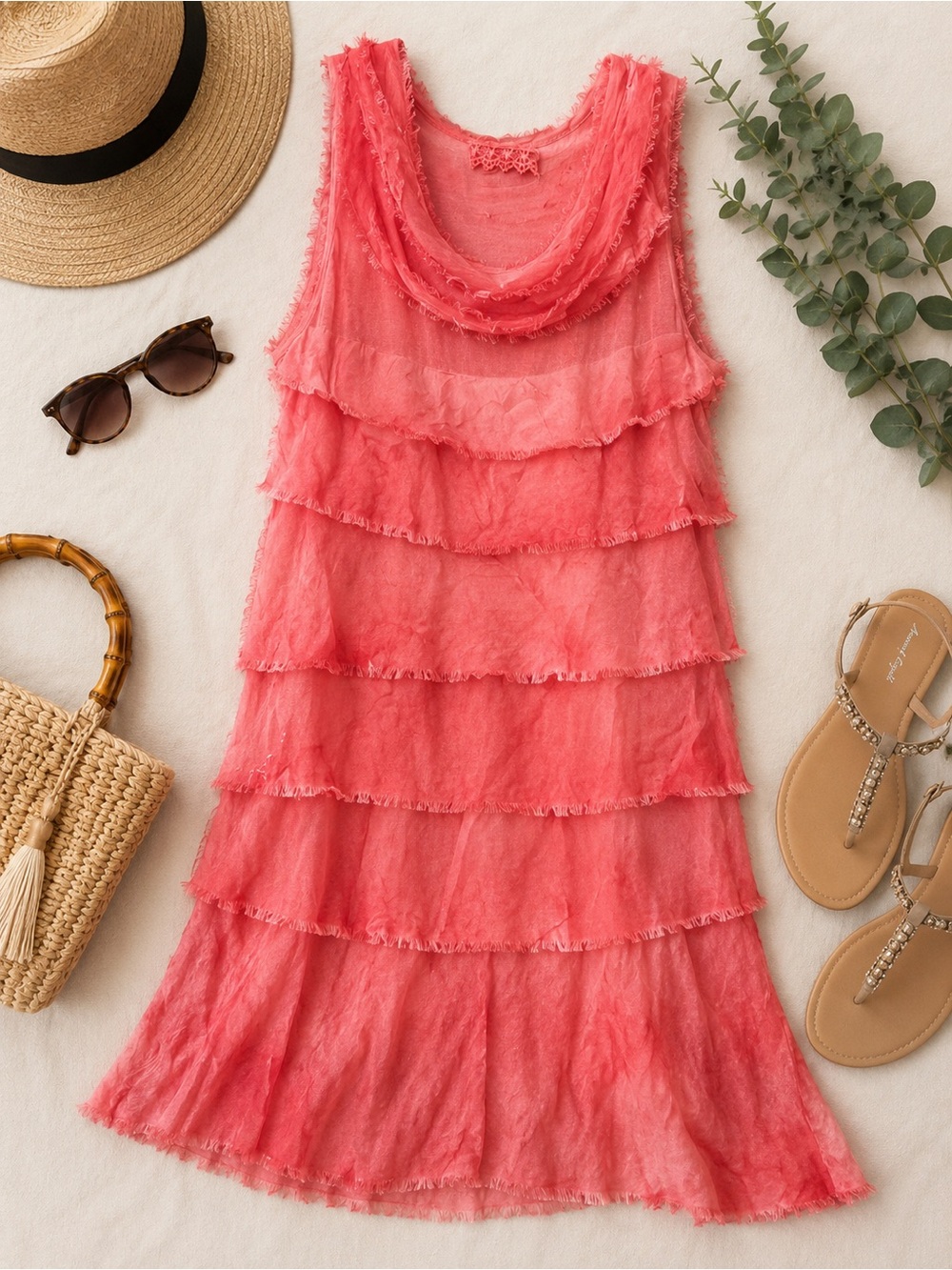 Anthropologie Floreat Coral Pink Tiered Silk Blend Dress Boho
